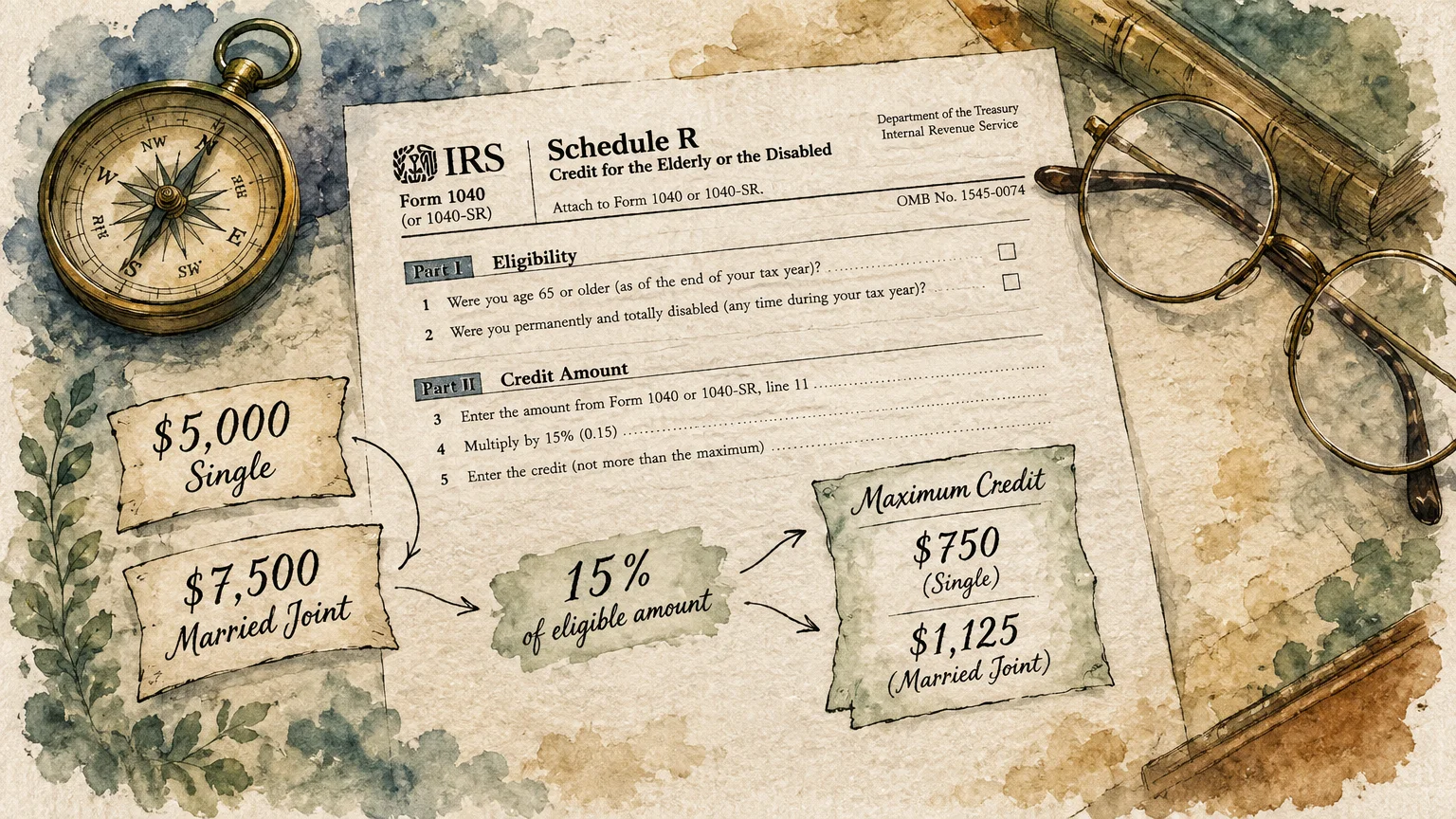 Watercolor illustration of IRS Schedule R form with a brass compass, eyeglasses, and notes detailing credit calculations.