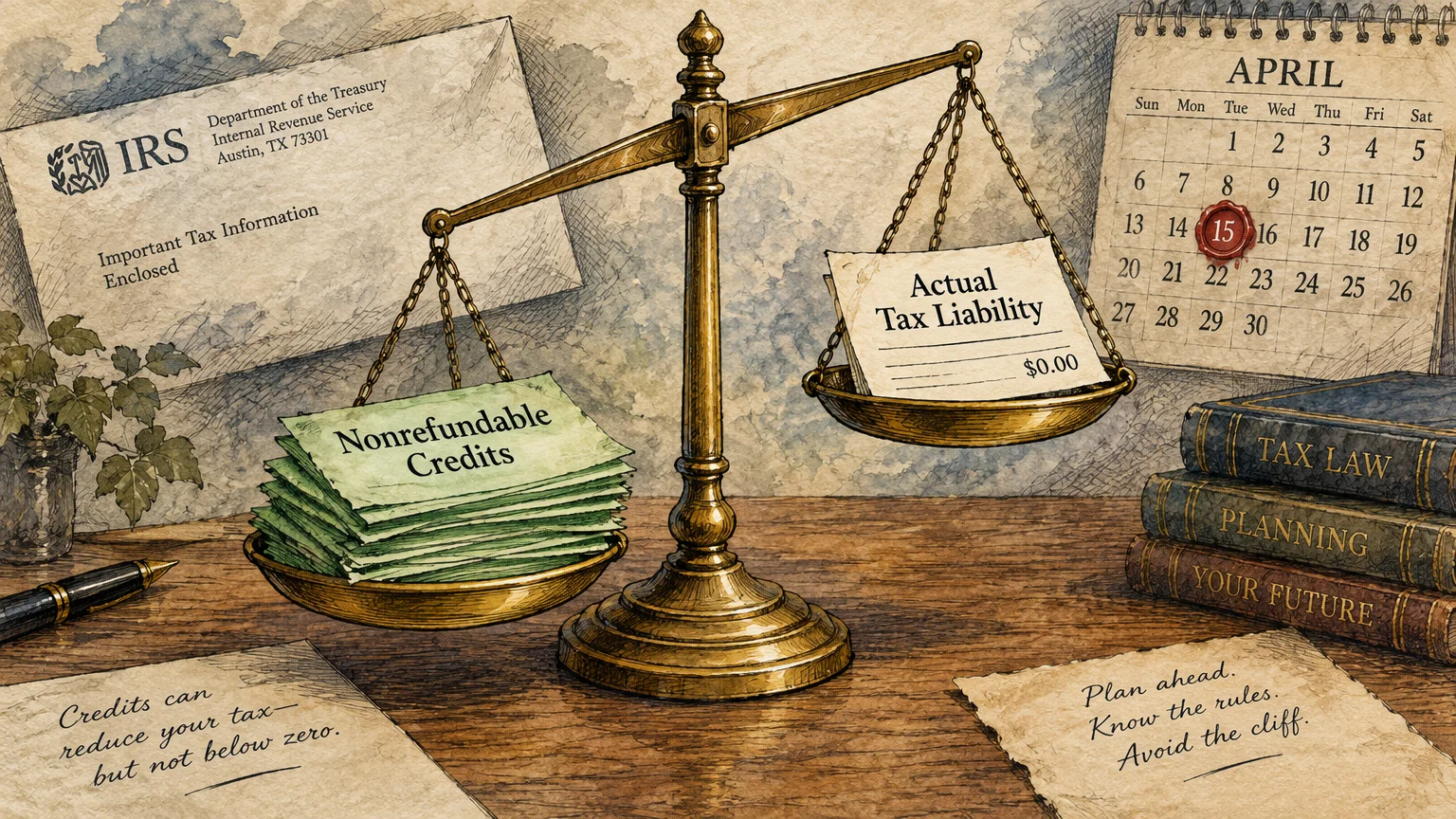 Brass balance scale weighing papers labeled Nonrefundable Credits against Actual Tax Liability beside an April calendar.