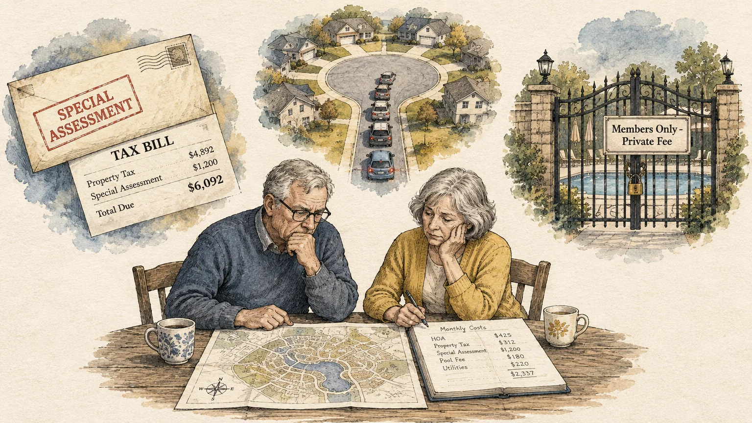 Illustration of a concerned senior couple reviewing expenses and a map, flanked by tax bills, traffic, and a locked gate.