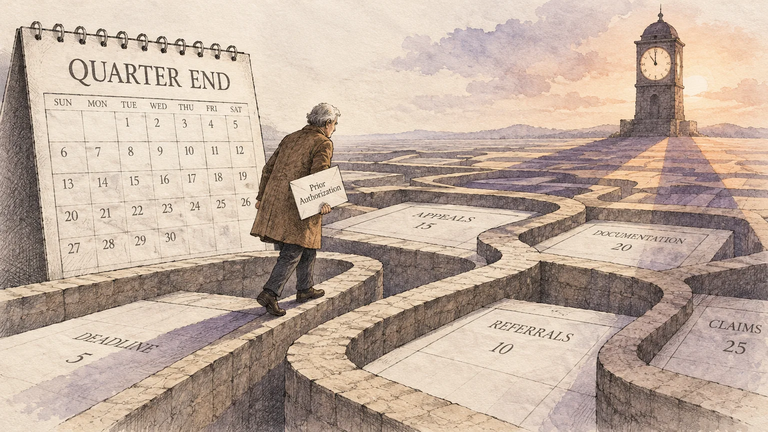 Illustration of a man carrying a prior authorization letter through a stone maze toward a distant clock tower.