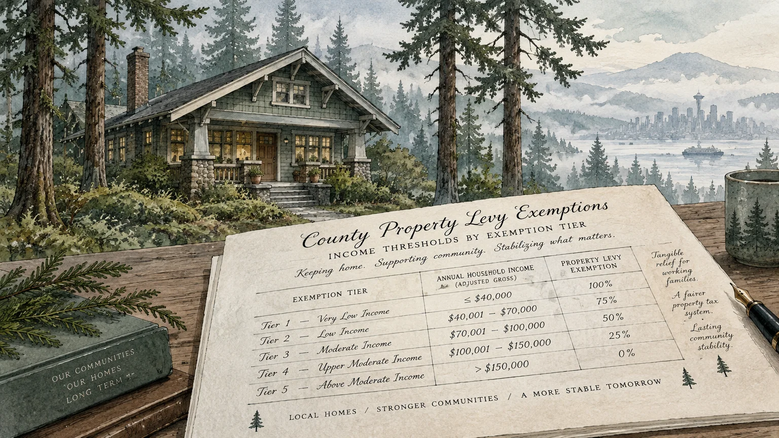 Watercolor of a Craftsman home in pine woods overlooking Seattle, with an exemption tier chart in the foreground.