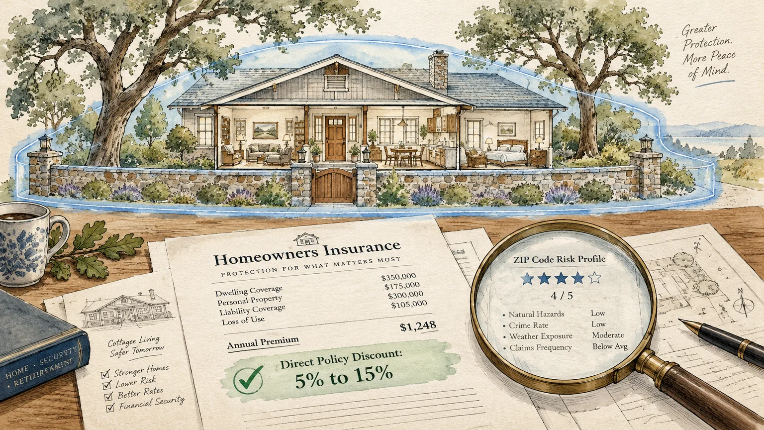 Illustration of a protected house cross-section above a homeowners insurance policy document viewed through a magnifying glass.