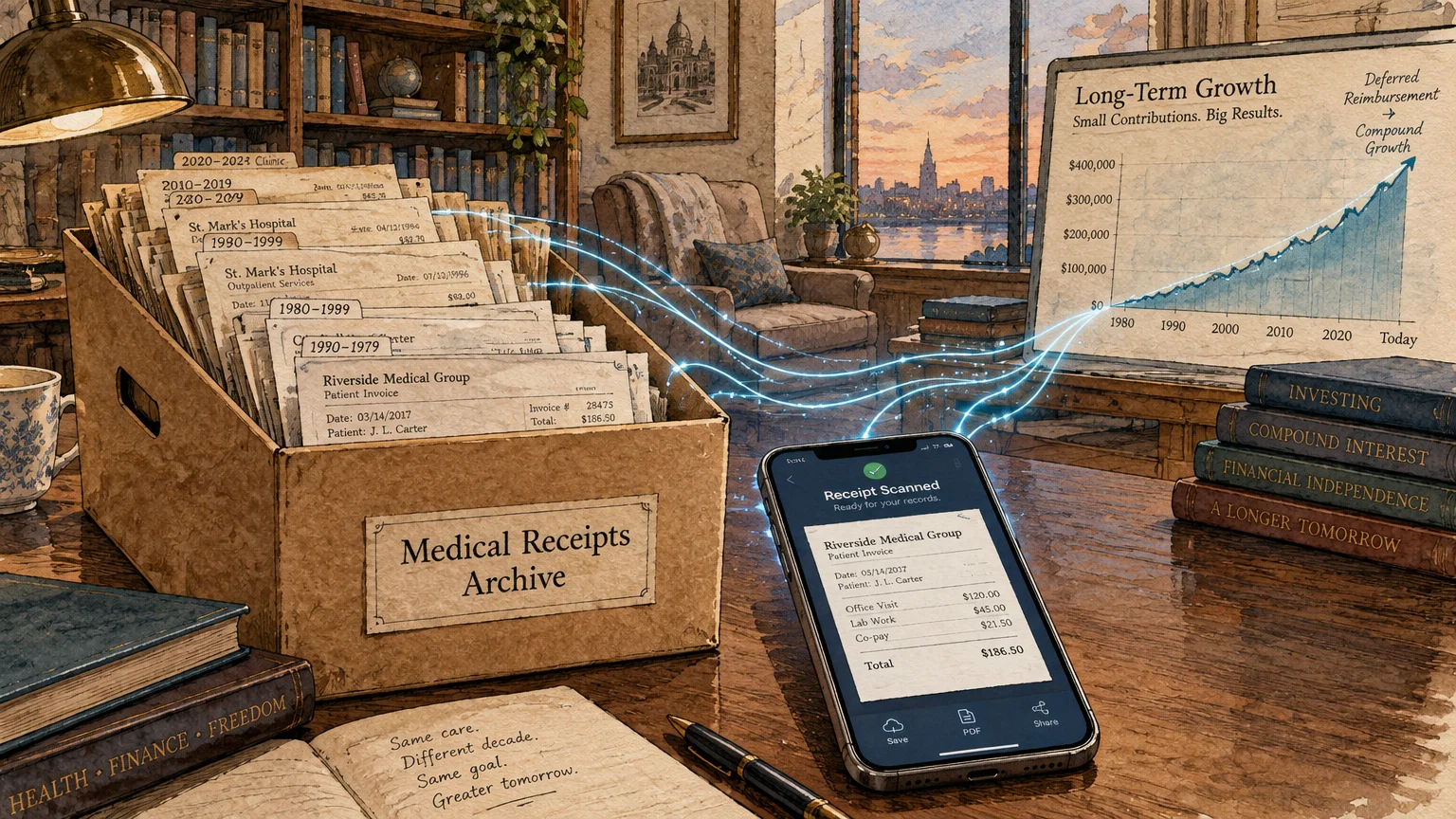 Illustration of a medical receipts archive box, a smartphone scanning an invoice, and a long-term growth chart on a desk.