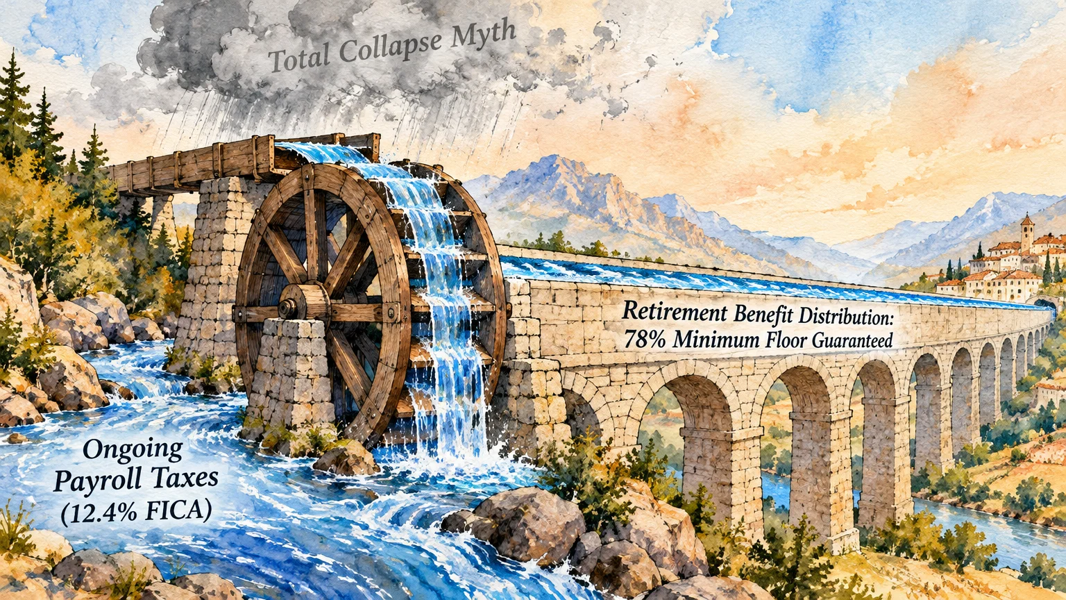 Watercolor illustration of a stone aqueduct and wooden water wheel funneling rushing water into a river among mountains.