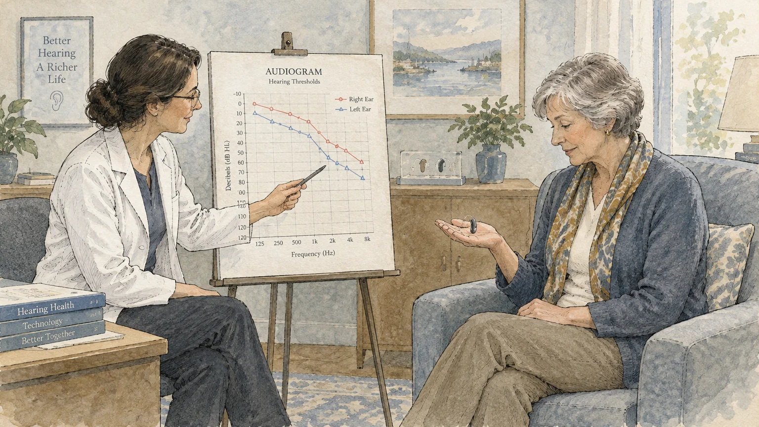 Illustration of an audiologist pointing to an audiogram chart while an older woman holds a hearing aid in an armchair.