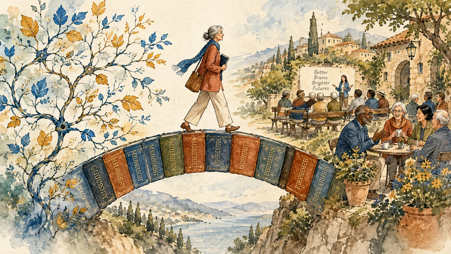 Watercolor illustration of an older woman walking across a bridge made of books toward an outdoor lecture and cafe.