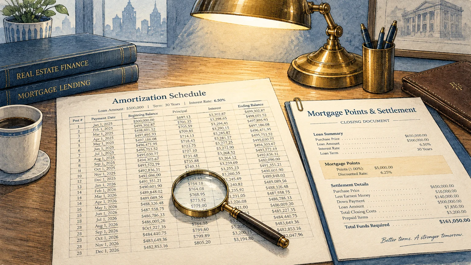 Desk with an amortization schedule under a magnifying glass beside a mortgage points closing document and lamp.
