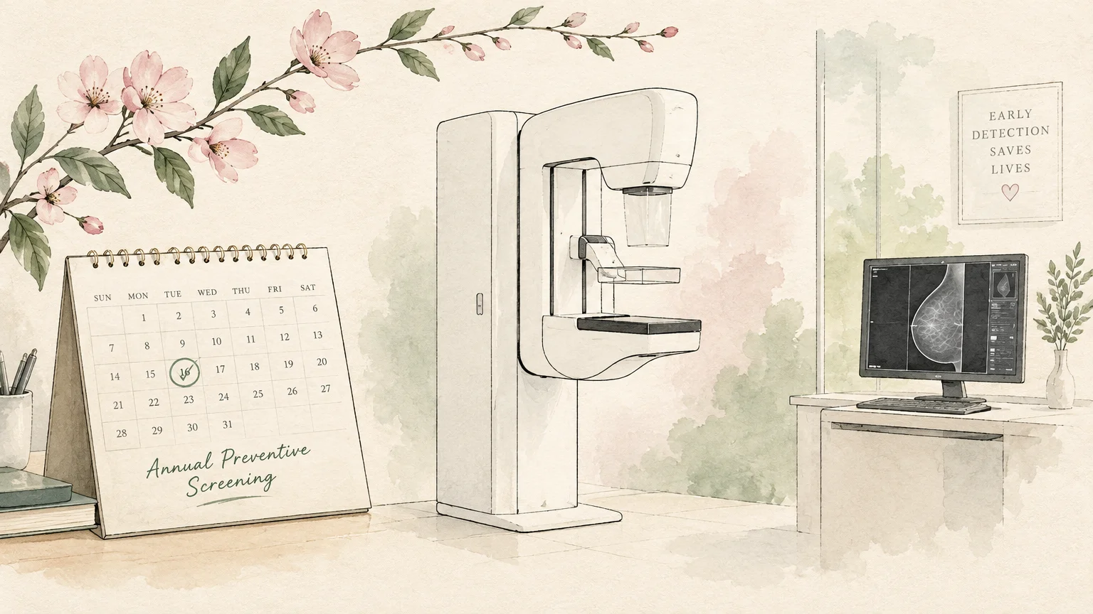Illustration of a mammogram machine beside a desk calendar, pink cherry blossoms, and a computer showing breast scans.