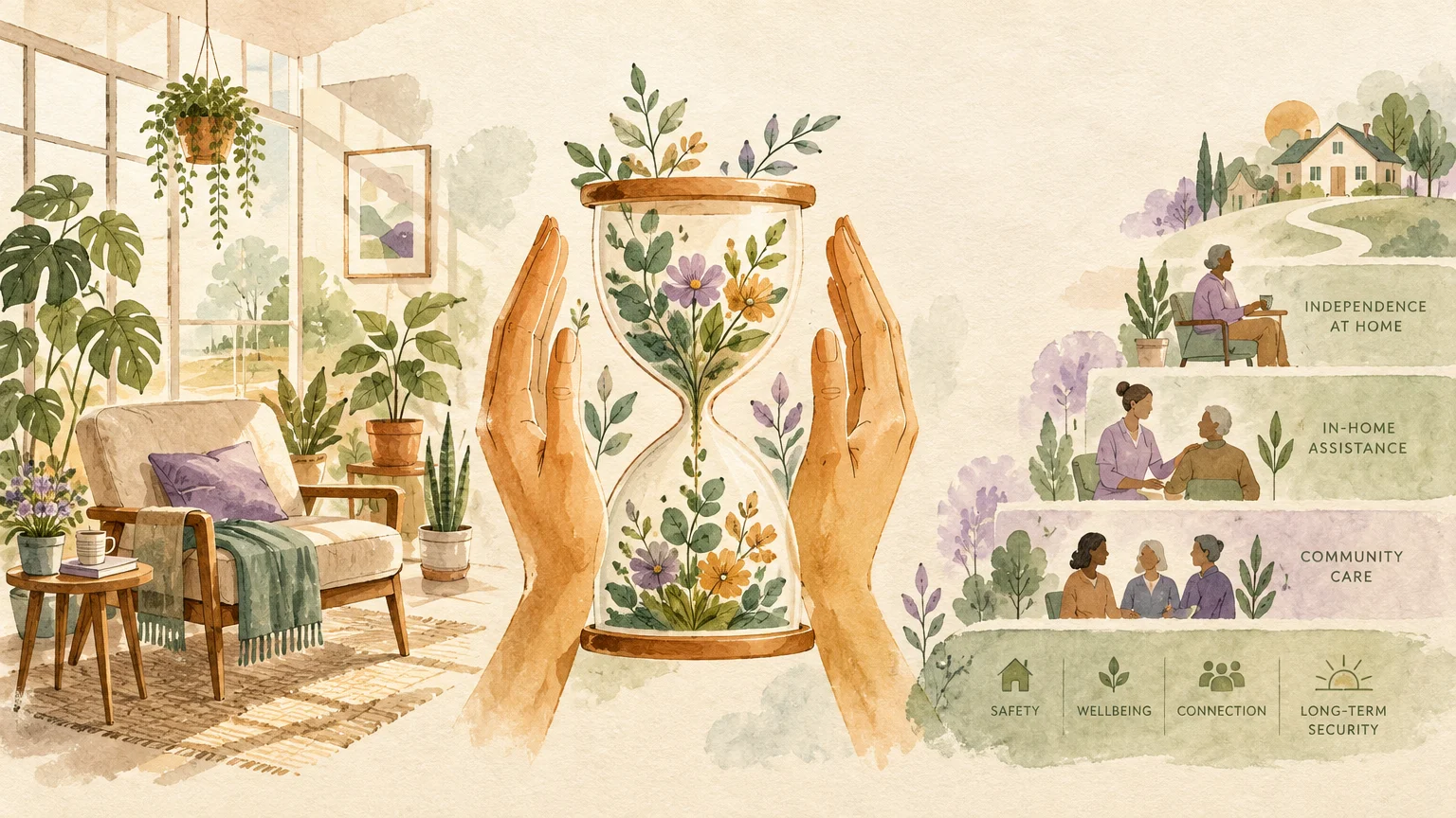 Watercolor illustration of hands holding a flowering hourglass alongside tiered steps depicting stages of elder care.