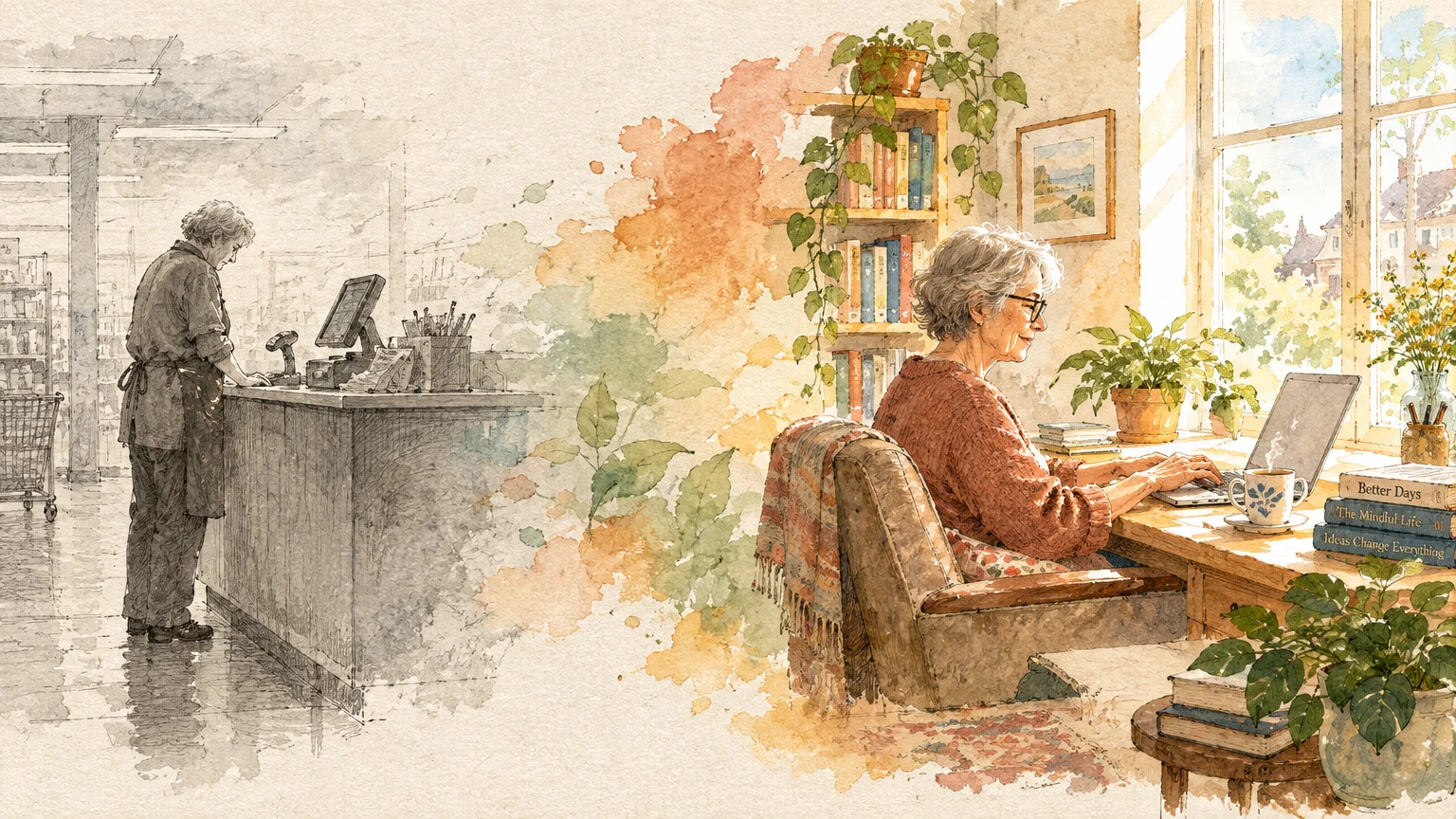 Split illustration of an older retail worker standing at a counter beside a woman comfortably typing on a laptop at home.
