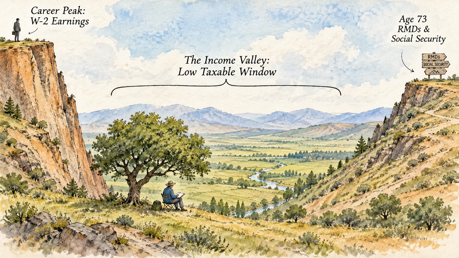 A valley between two labeled cliff peaks, with a person sketching under a tree overlooking a winding river.