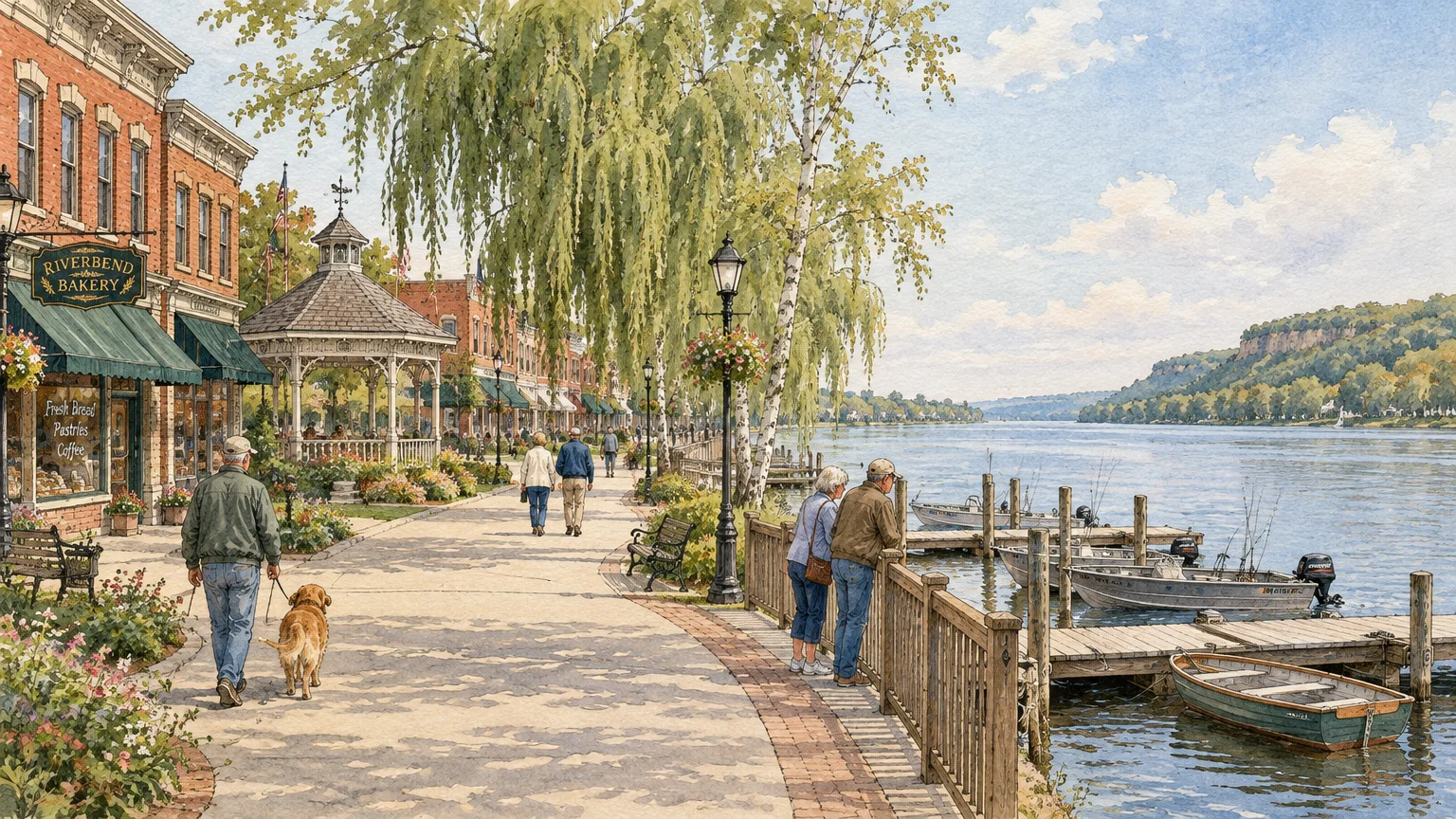 Watercolor illustration of seniors strolling along a riverfront promenade past storefronts, a gazebo, and docked fishing boats.