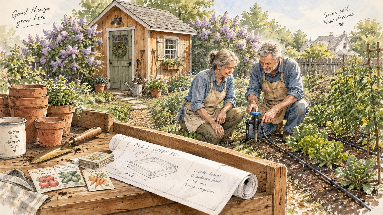 Illustration of a couple installing a garden irrigation system near a wooden shed, raised bed blueprints, and seed packets.