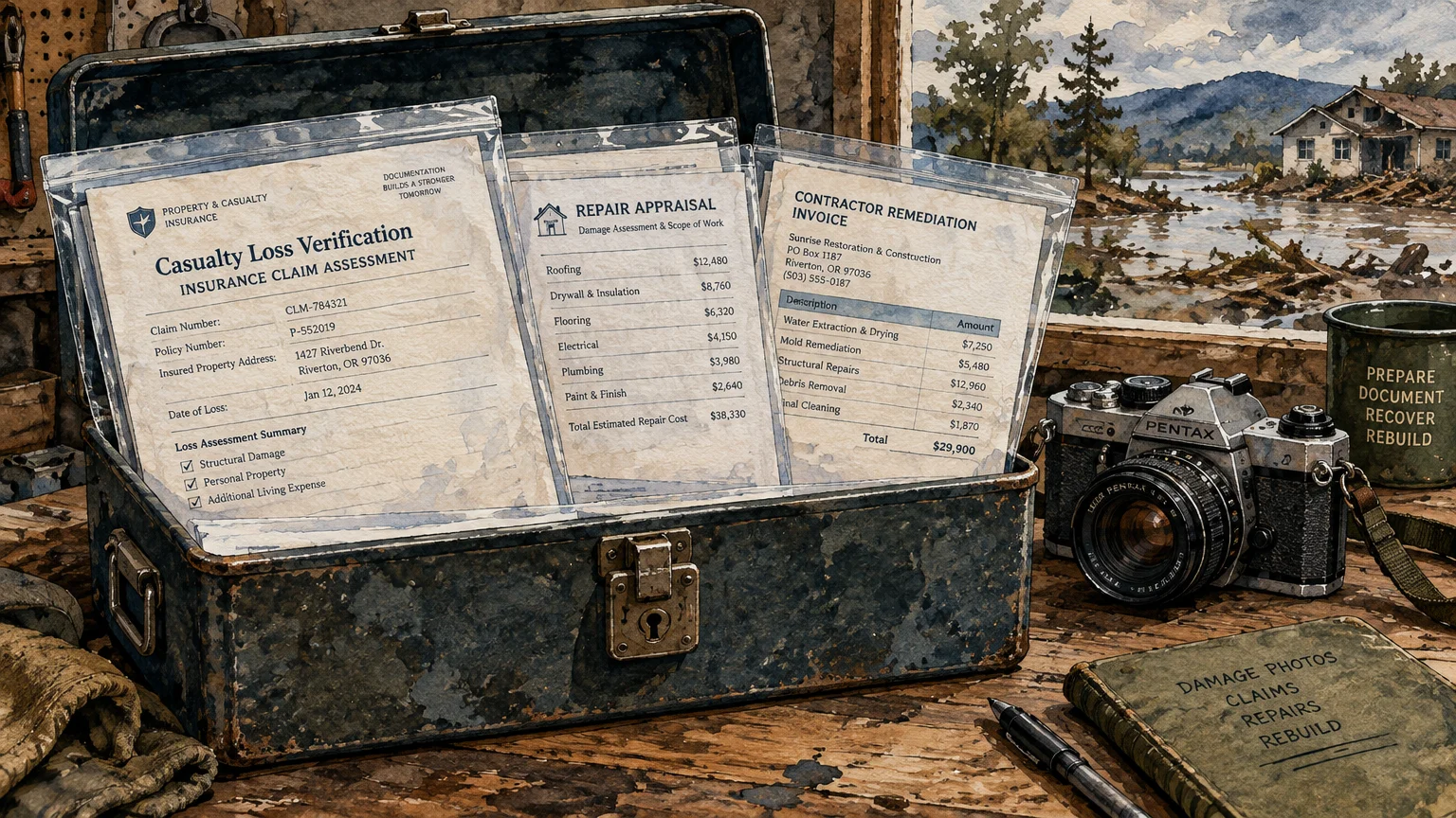 Metal lockbox with insurance and appraisal papers in plastic sleeves next to an SLR camera and repair logbook.