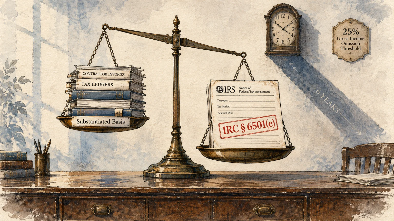 Balance scale holding contractor invoices and ledgers on one side and an IRS tax assessment notice stamped IRC 6501(e) on the other.