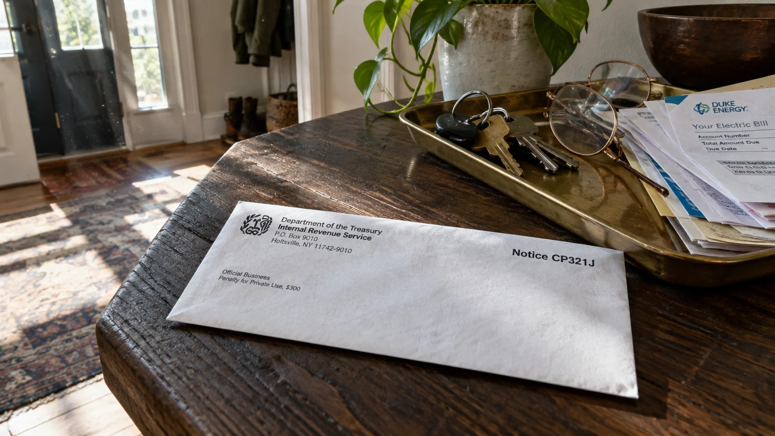An IRS envelope labeled Notice CP321J rests on a wooden table beside keys, eyeglasses, and mail in a brass tray.