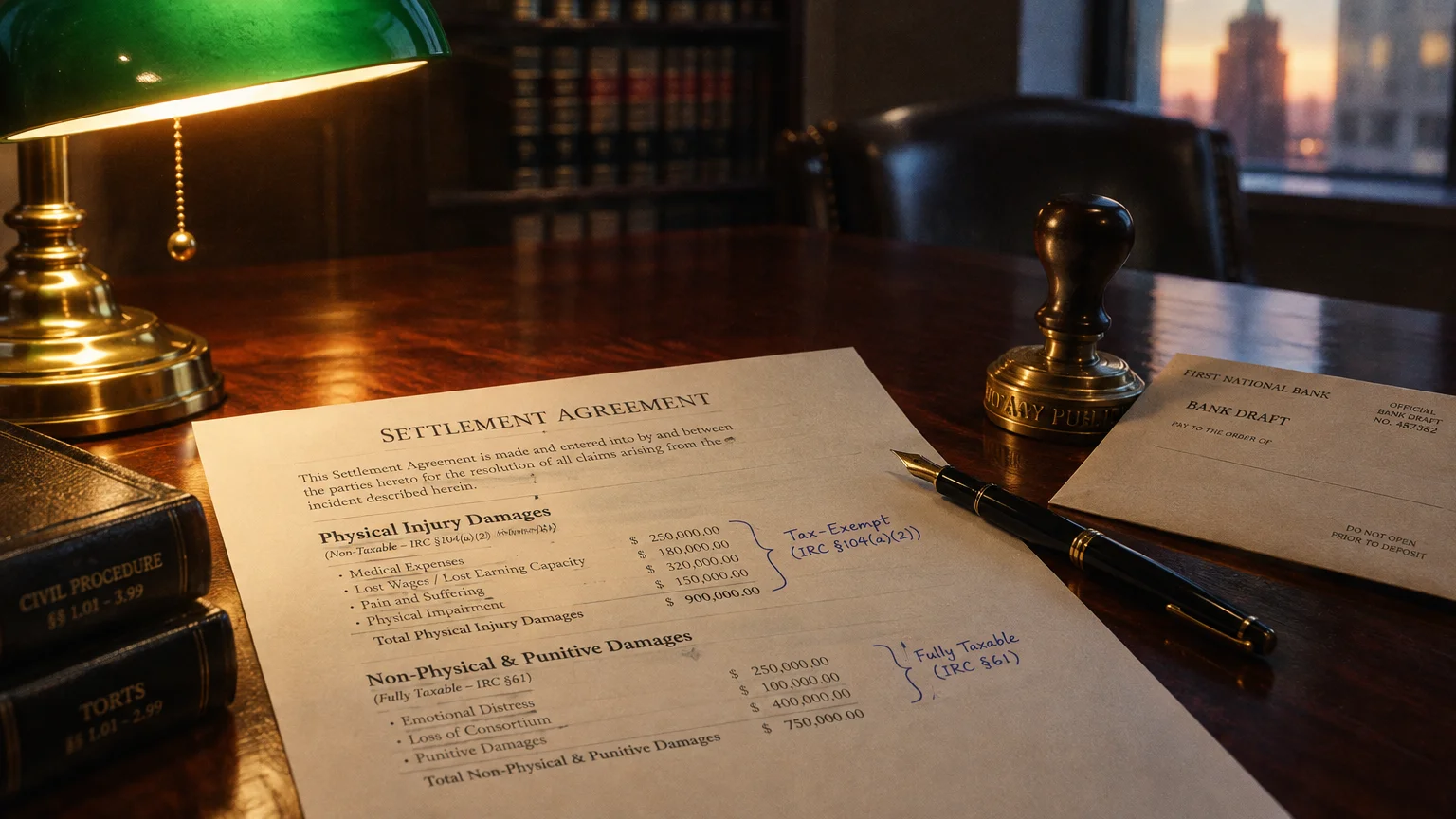 A settlement agreement on a desk listing physical injury and taxable damages beside a fountain pen and a bank draft envelope.