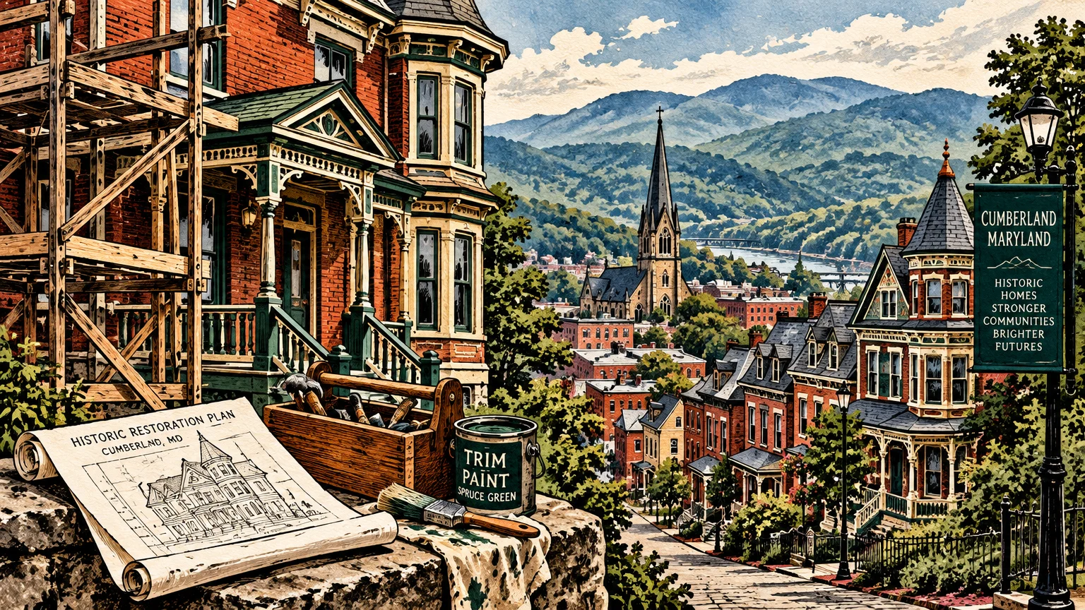 Victorian brick homes undergoing renovation on a hill overlooking a historic town with a church steeple and mountains.