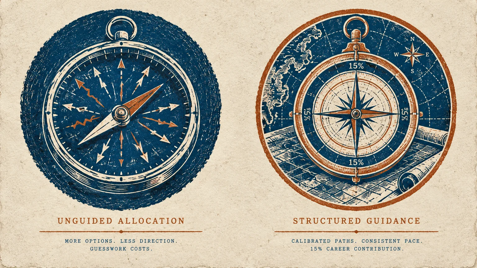 Illustration comparing two compasses labeled Unguided Allocation with erratic arrows and Structured Guidance.