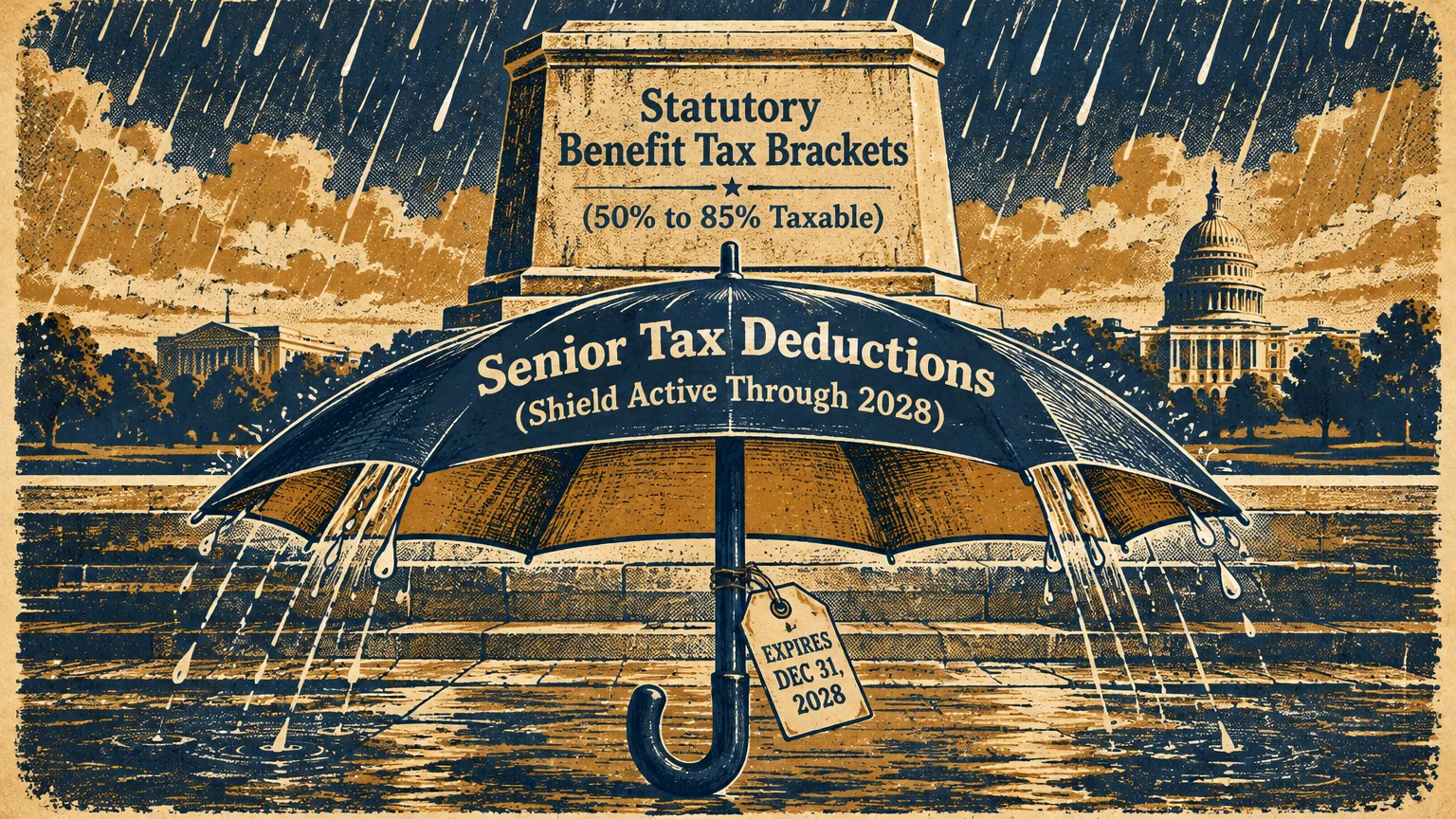 Illustration of an umbrella labeled Senior Tax Deductions shielding against rain before a stone monument and the Capitol dome.