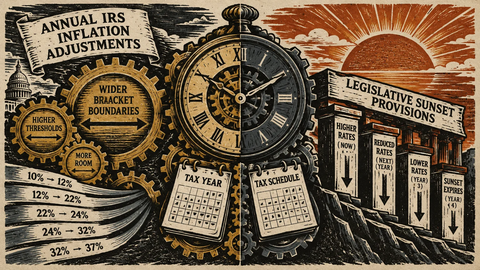 Split illustration with a central clock, gears showing tax inflation adjustments, and pillars showing legislative sunsets.
