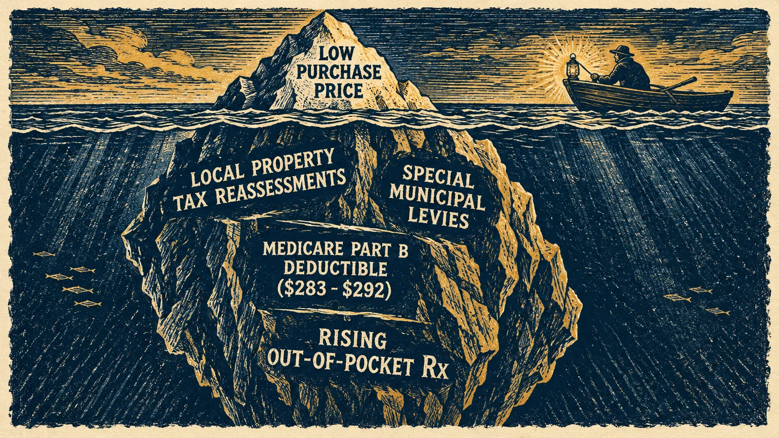 Woodcut illustration of an iceberg labeled with hidden retirement costs, viewed by a boater holding a lantern at night.
