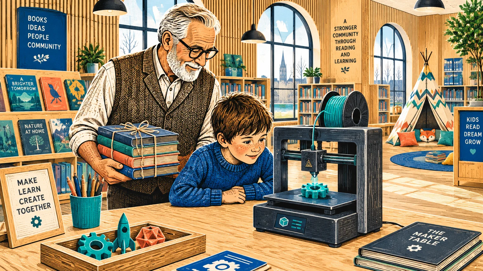 A grandfather and boy watch a 3D printer create a gear inside a sunlit library maker space.
