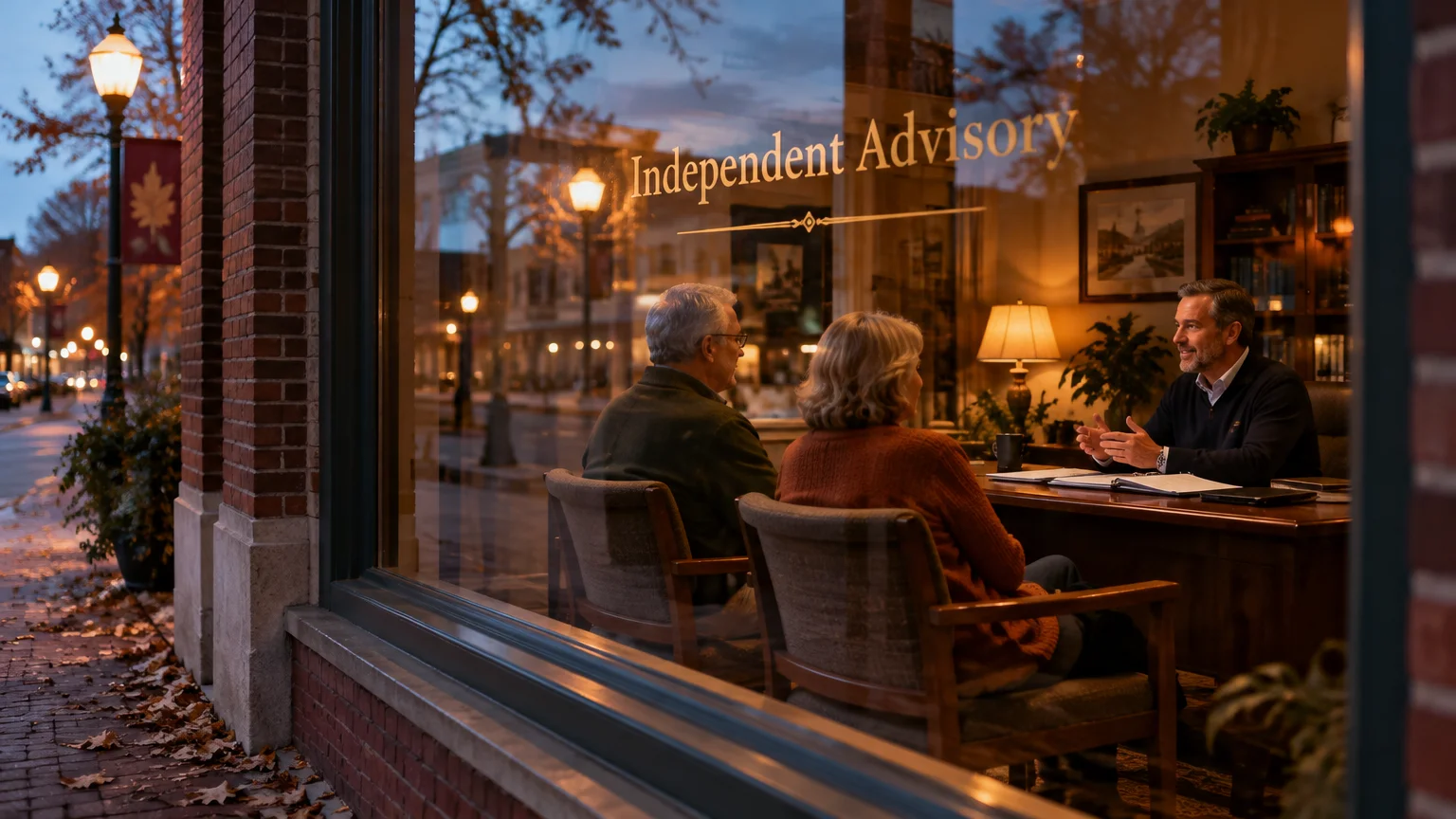 Viewed through a storefront window, an advisor sits at a wooden desk speaking with an older couple seated opposite him.