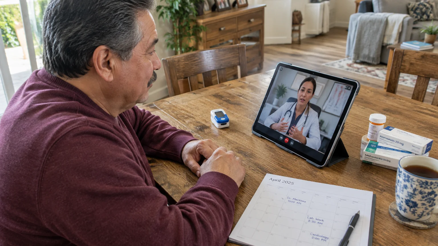 Man at a wooden table having a telehealth video call with a doctor on a tablet, with medicine and a calendar nearby.