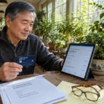 Man at a wooden table holding a Health Savings debit card beside a tablet displaying an HSA balance and benefits documents.