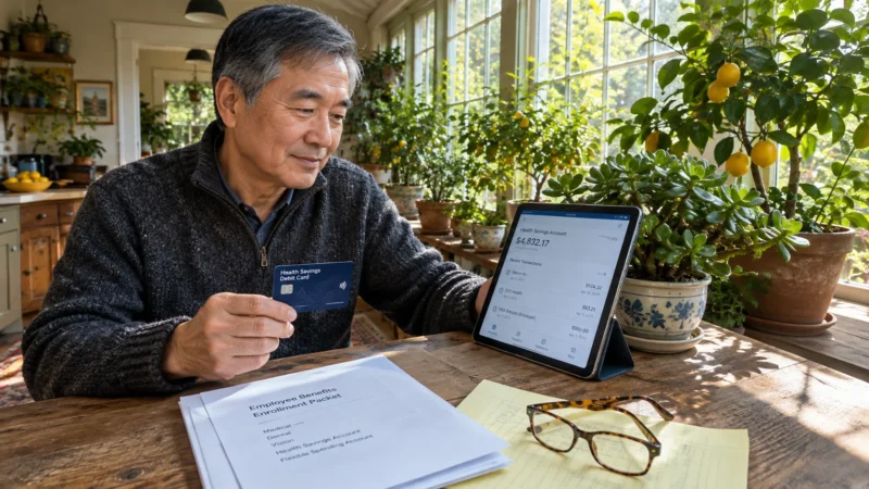 Man at a wooden table holding a Health Savings debit card beside a tablet displaying an HSA balance and benefits documents.