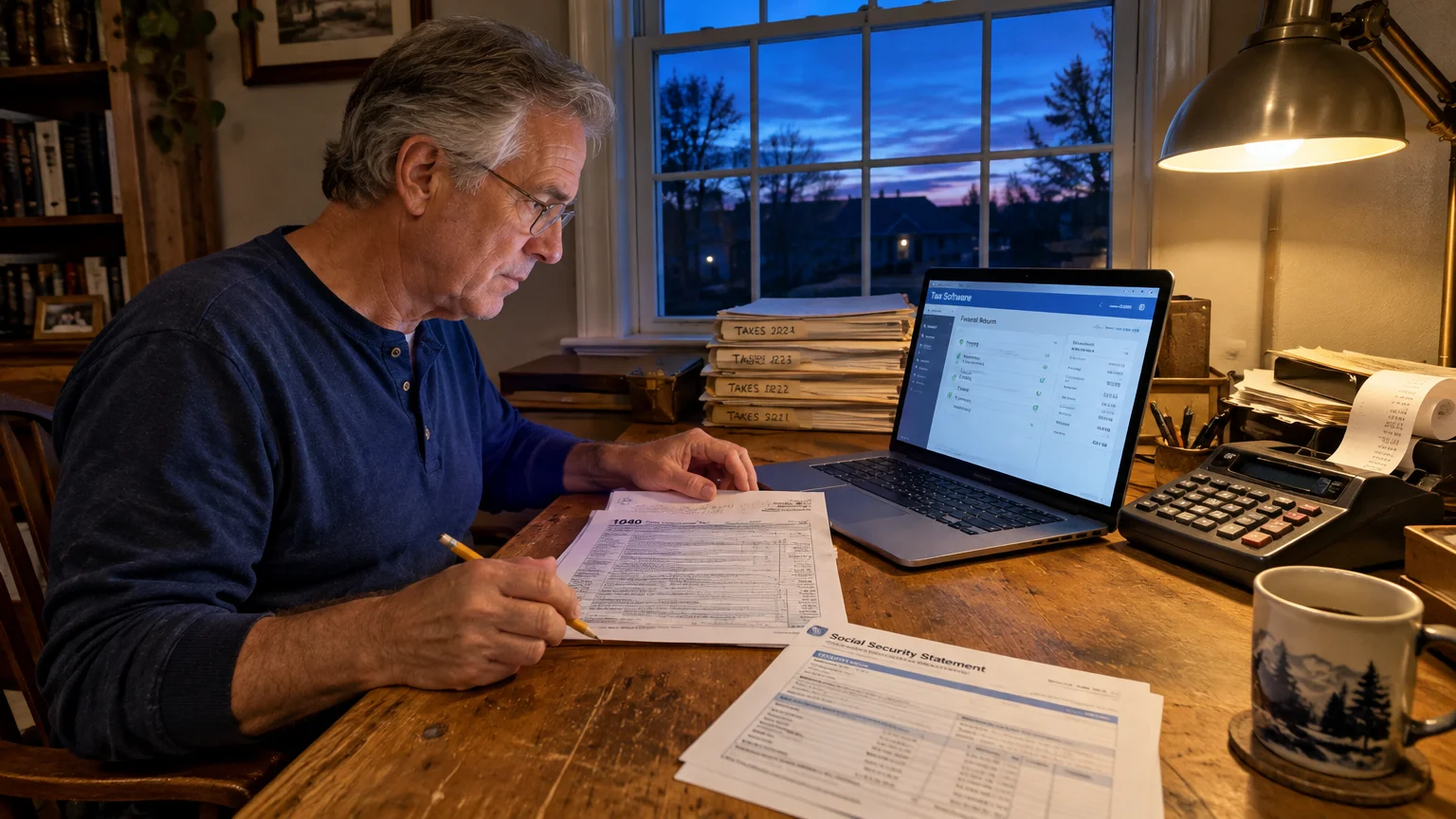 A man wearing glasses sits at a wooden desk with a laptop, calculator, tax forms, and a Social Security statement.