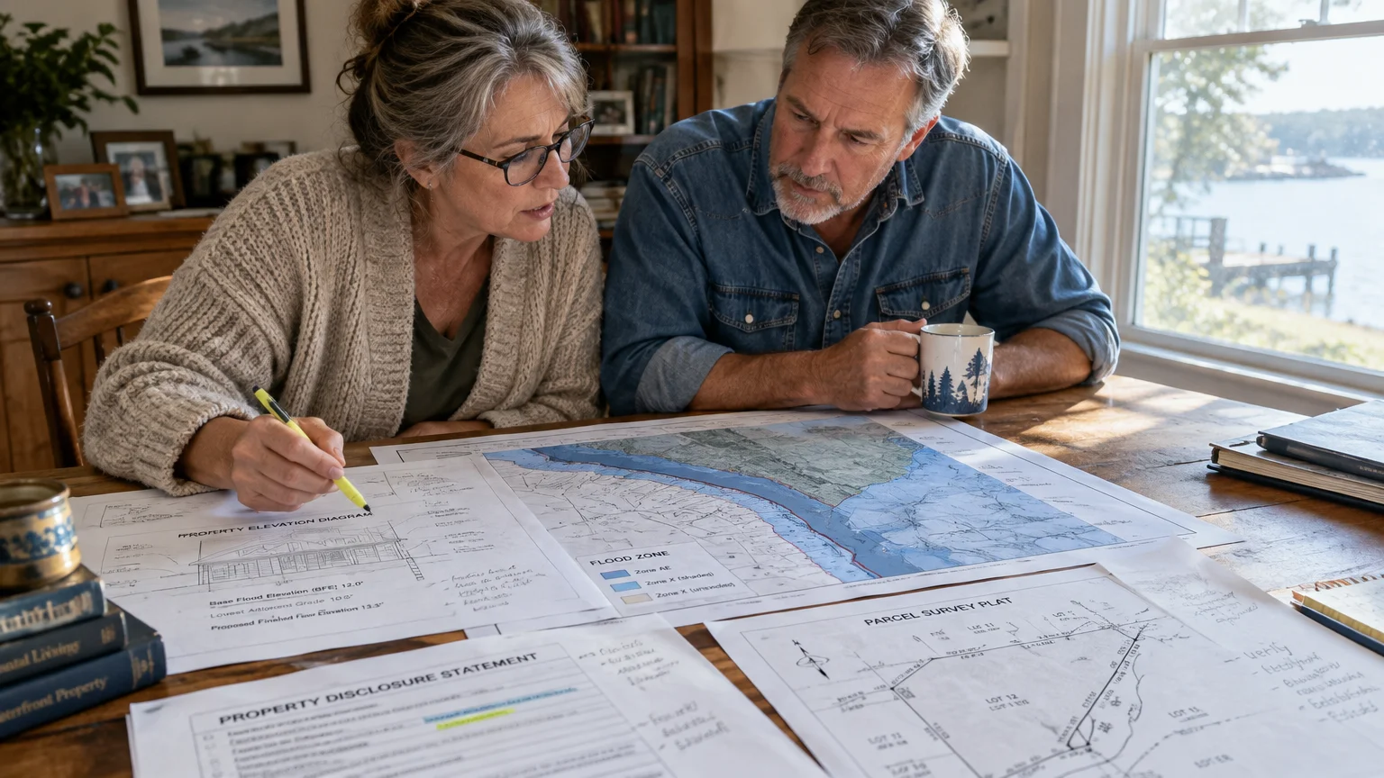 A mature couple examines flood zone maps, elevation diagrams, and property disclosure forms laid out across a wooden table.