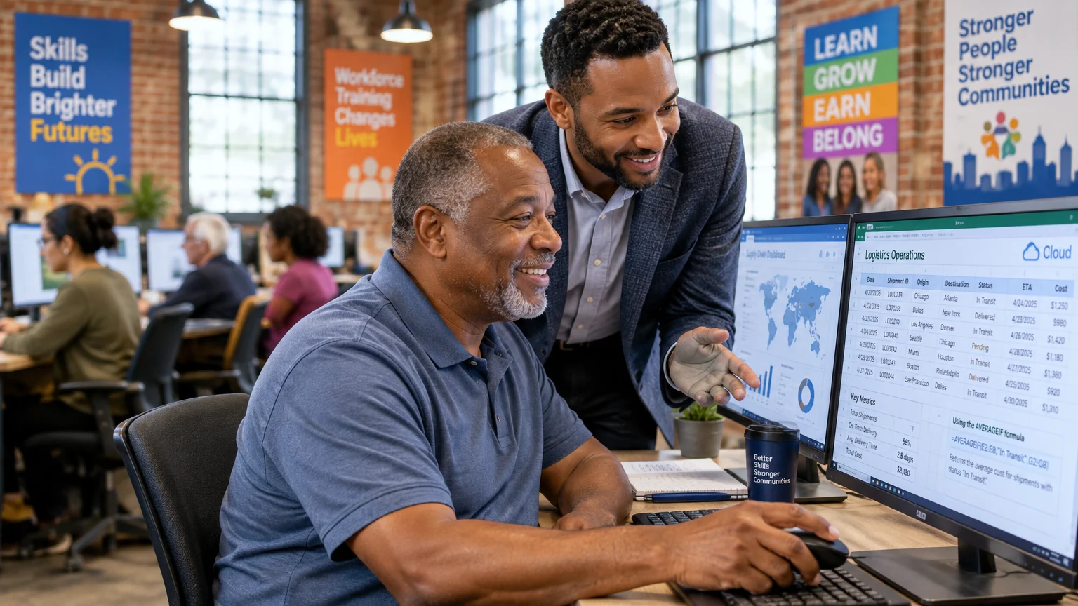 An instructor leans over a smiling older man working on a computer spreadsheet in a bustling training center.