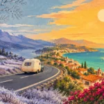 Illustration of a camper driving along a road transitioning from a snowy winter landscape into a sunny coastal village.