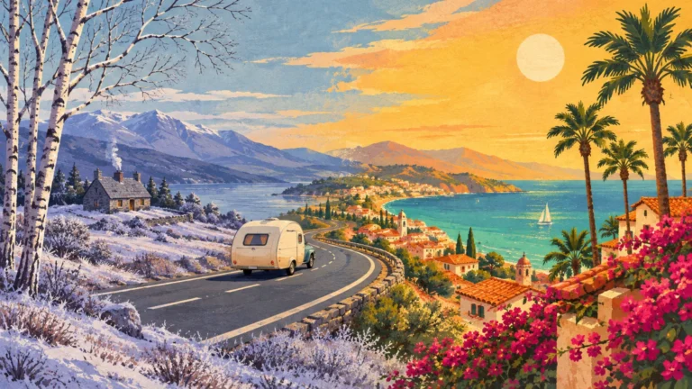 Illustration of a camper driving along a road transitioning from a snowy winter landscape into a sunny coastal village.