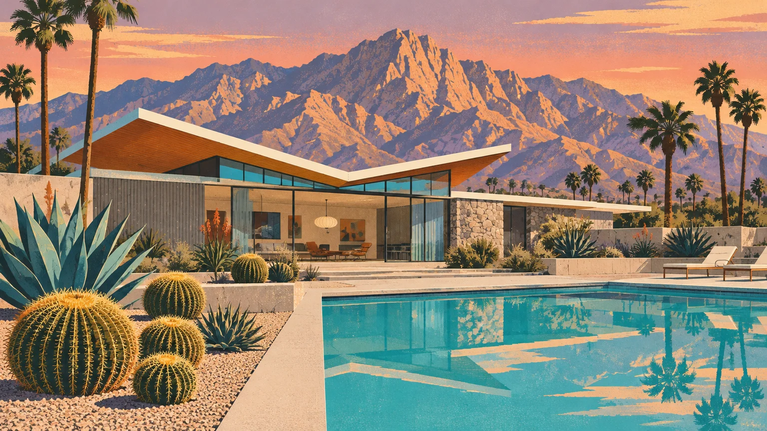 Mid-century modern house with a swimming pool, desert cacti, palm trees, and rugged mountains under an orange sky.