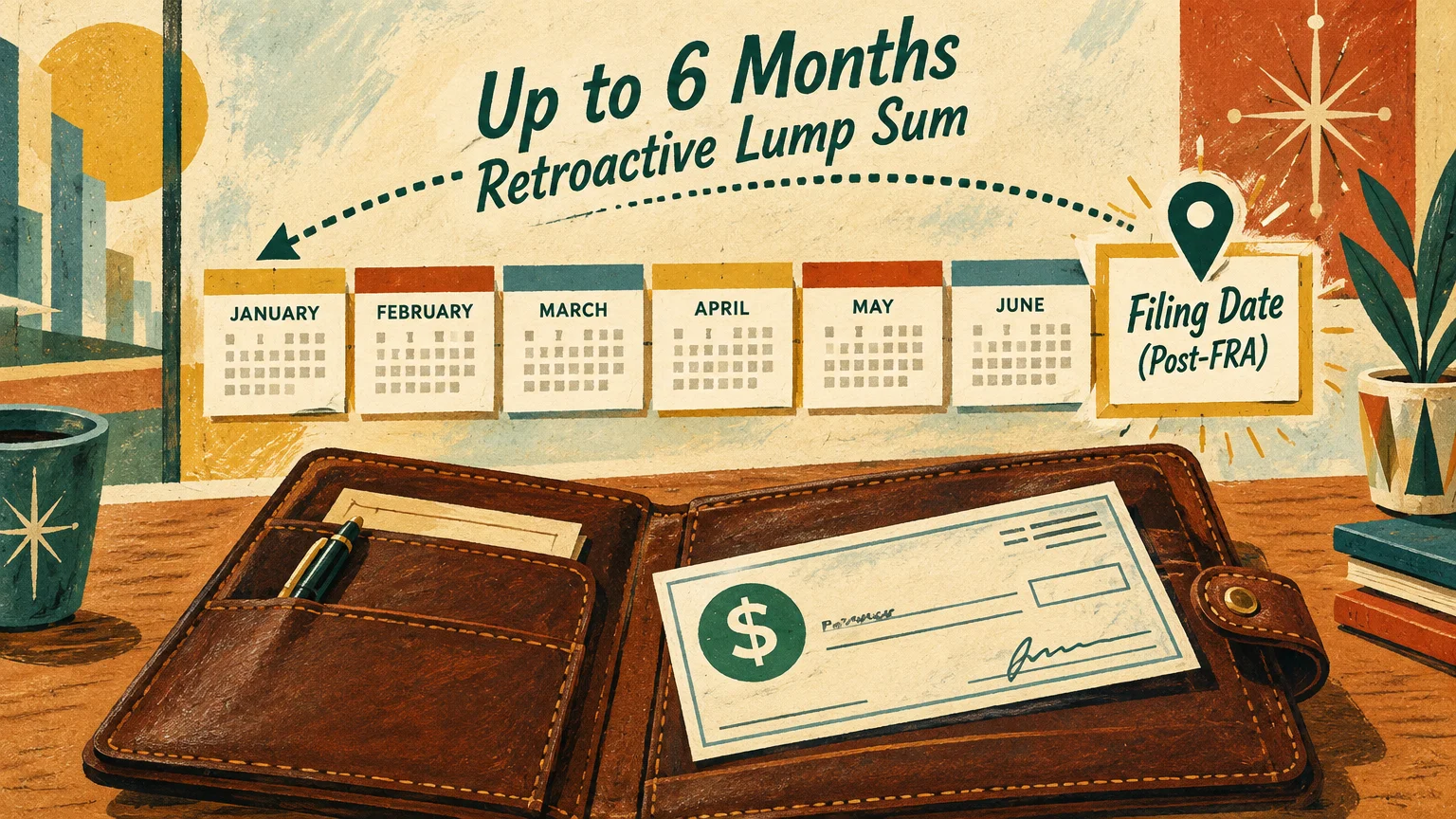 Illustration of a six-month calendar timeline pointing to a check inside a leather wallet on a desk.