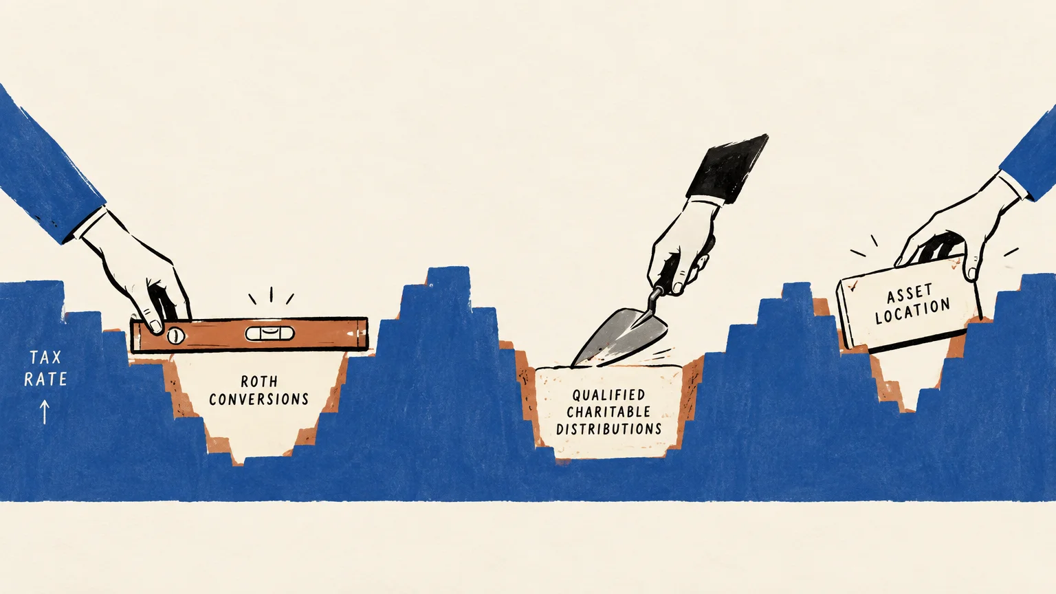 Hands use construction tools and labeled blocks to fill gaps along a blue stepped tax rate chart.