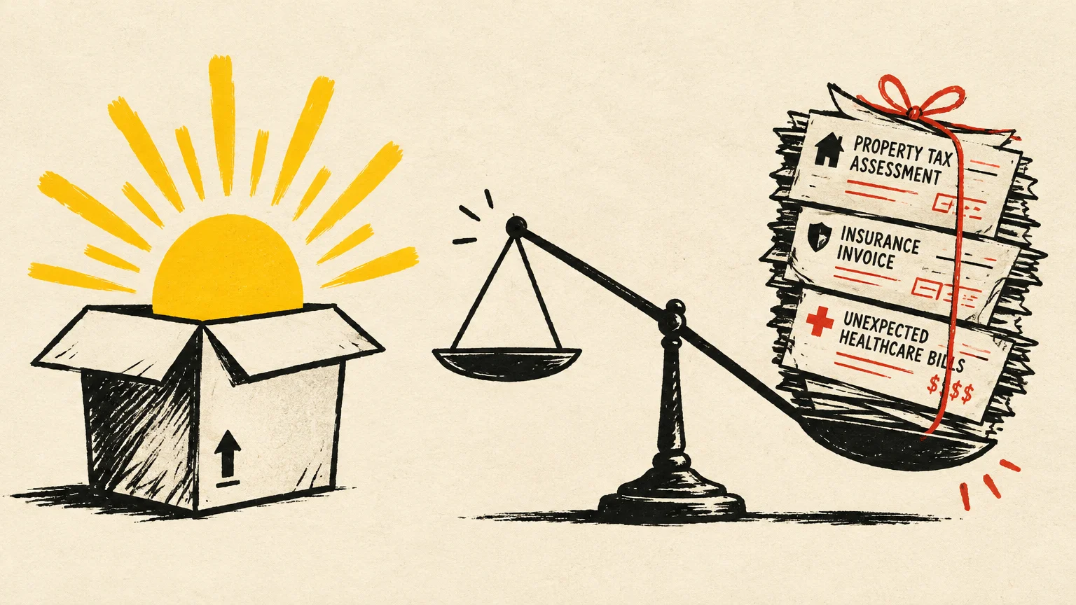 Illustration of a scale tipped heavily by a stack of bills opposite an open box emitting a bright sun.
