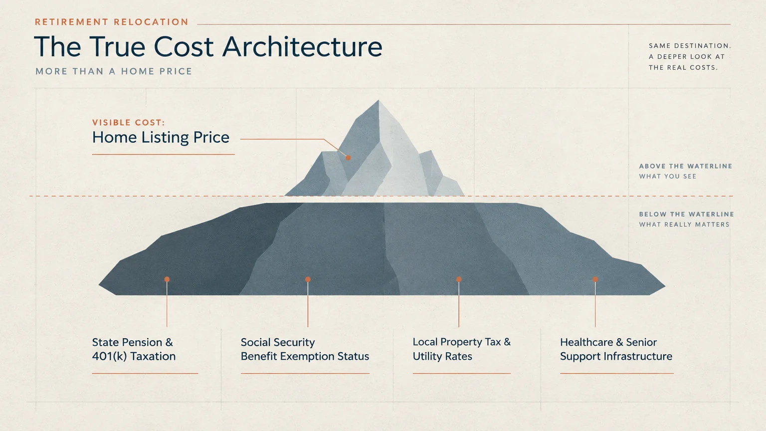 Iceberg diagram showing home listing price above the waterline and hidden retirement costs below the waterline.