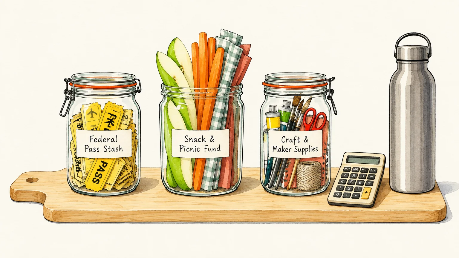 Illustration of three labeled glass jars filled with passes, snacks, and craft supplies beside a calculator and bottle.