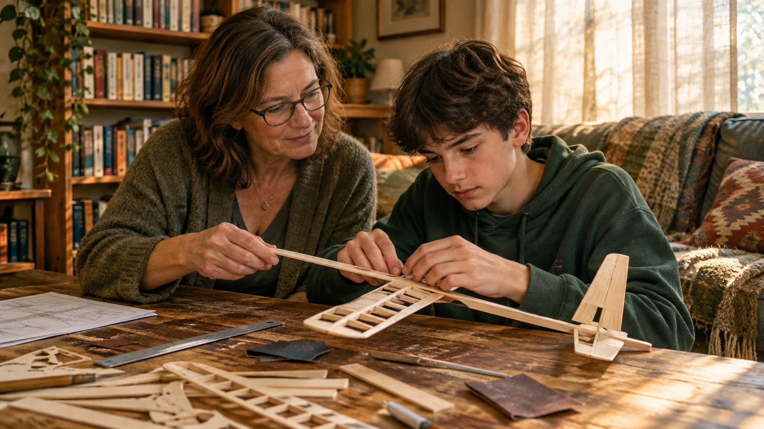 A woman and a teenage boy sit at a wooden table assembling a model balsa wood airplane together.