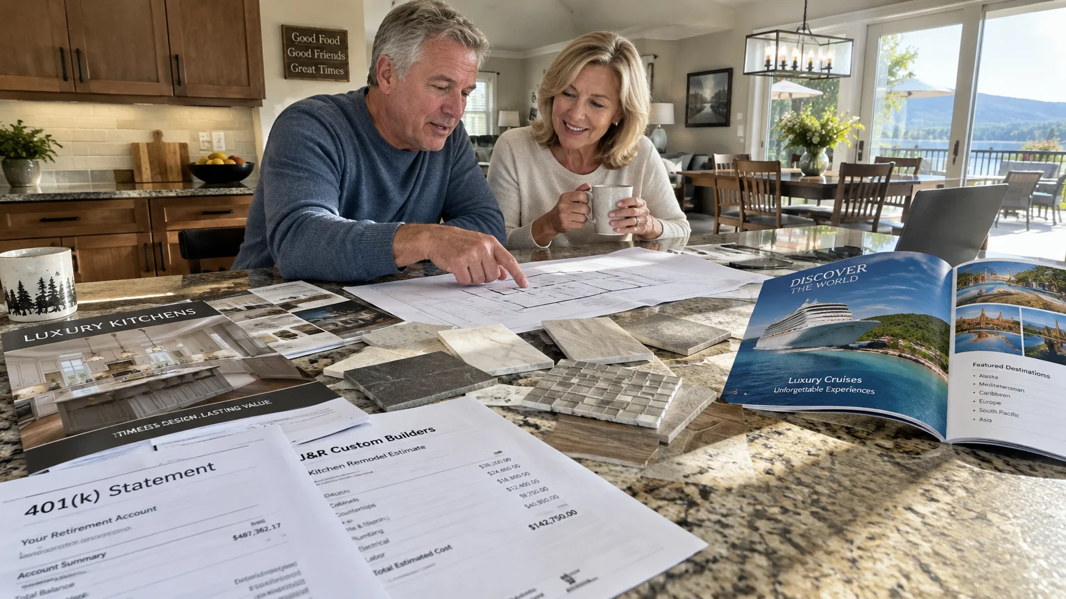 Couple reviewing home remodel plans, tile samples, a cruise brochure, and a 401(k) statement on a kitchen counter.