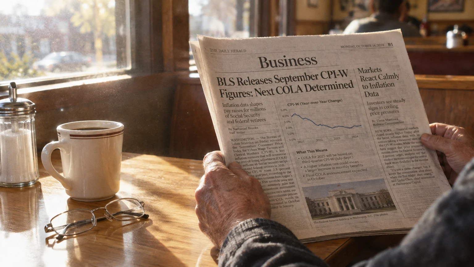 Hands holding a newspaper headline about BLS CPI-W figures next to eyeglasses and a mug on a sunlit table.