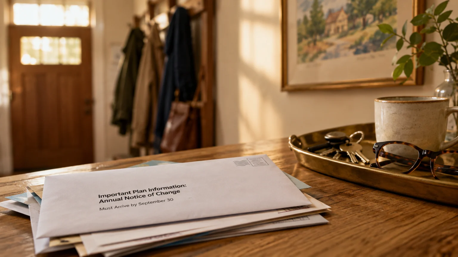 Stack of mail with an Annual Notice of Change envelope on an entryway table next to keys, glasses, and a mug.