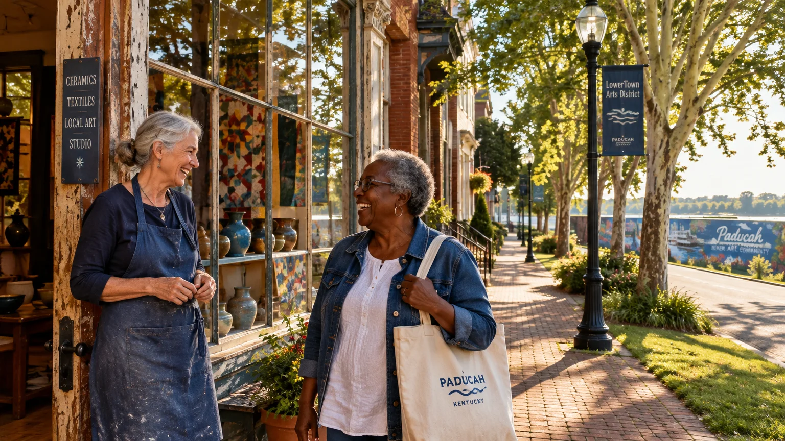Two women smiling and talking outside an art studio on a sunny brick sidewalk with street signs and trees.