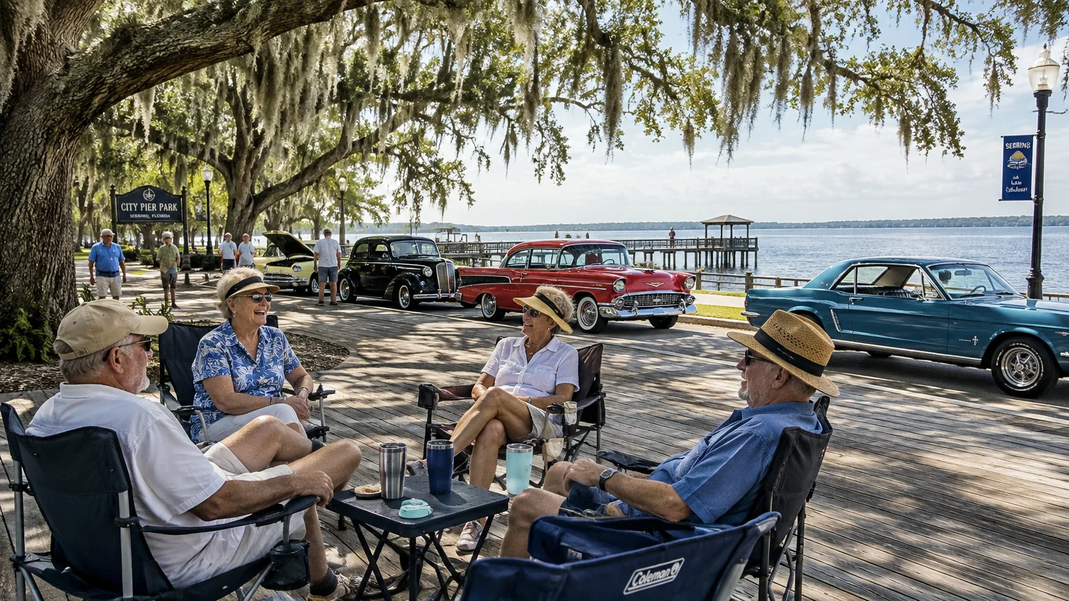 Four seniors sit in lawn chairs by a lake with classic cars parked under mossy oak trees.