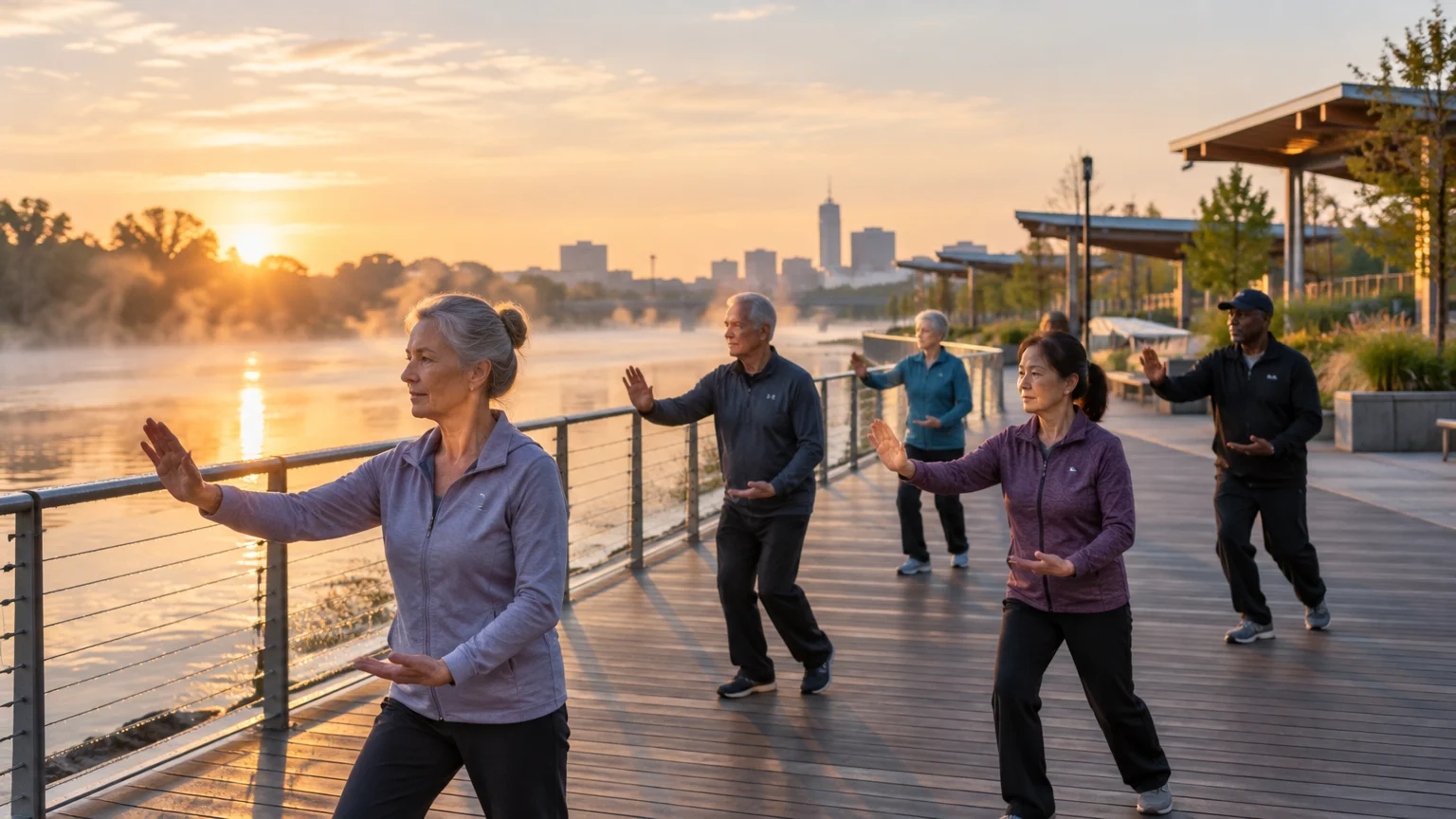 Older adults practice tai chi on a riverside boardwalk at sunrise with city buildings in the background.