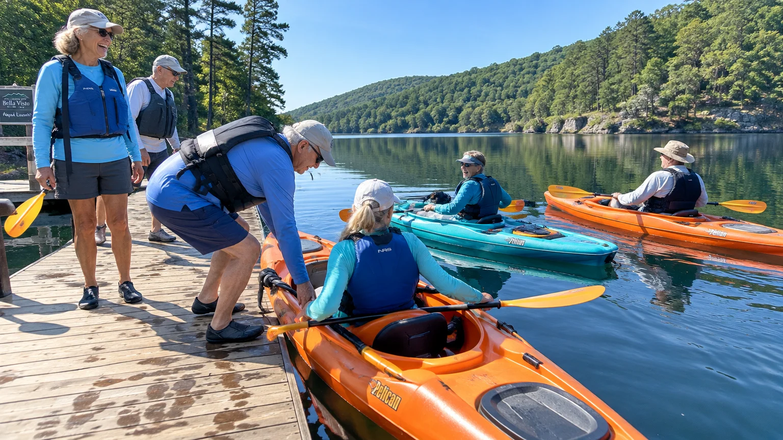 Older adults in life vests launch colorful kayaks from a wooden dock onto a calm lake surrounded by forested hills.